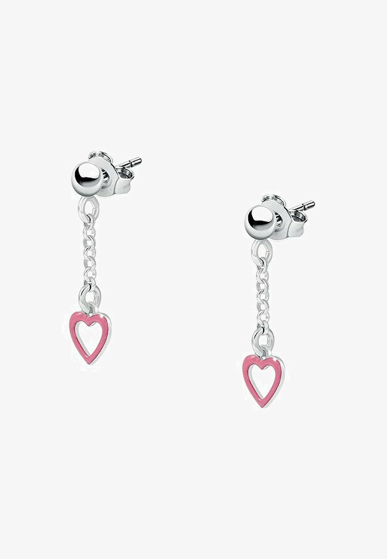 Orecchini a bottone in argento con una catena di estensione che presenta charm a forma di cuore rosa, finitura lucida e un design leggero.