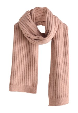 Ribbstickad halsduk i ljusrosa med vertikala linjer och mjuk textur. Ändarna är fint avklippta, lämpliga för lager-på-lager-stil.