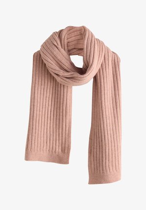 Geribbelde gebreide sjaal in lichtroze, met verticale lijnen en een zachte textuur. De uiteinden zijn netjes afgewerkt, geschikt om te combineren.