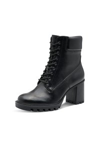 Stivale alla caviglia in pelle nera con lacci, collo imbottito, tacco a blocco spesso e suola in gomma testurizzata con motivo a tassello.