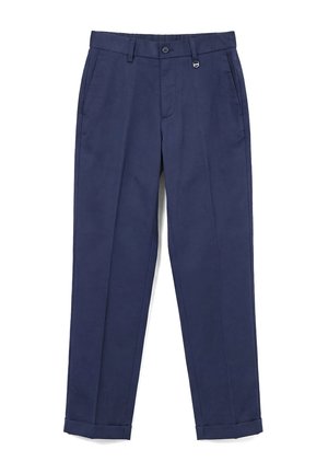 Pantaloni eleganti blu navy a gamba dritta con passanti per cintura, bottone e cerniera frontali, tasche laterali e orli risvoltati.