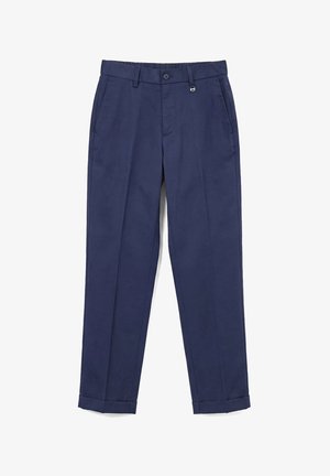 Pantalones de vestir azul marino de pierna recta con trabillas para cinturón, botón y cremallera delanteros, bolsillos laterales y dobladillos con puño.
