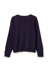 Maglione lungo in navy con collo a girocollo, polsini e orlo a coste. Tessuto a maglia liscia con bottone decorativo su ogni manica.