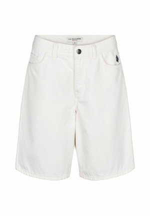 Pantaloni scurți din denim albi până la genunchi, cu nasture frontal, bucle pentru curea și logo mic negru pe buzunarul drept, mărimea medie.