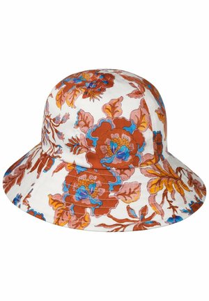 White bucket hat with wide brim, featuring large orange flowers with blue and yellow accents and leafy patterns.