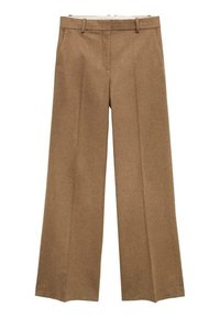 Bruna vida byxor i texturerad tyg, med flat front, bälteshällor och skräddarsydd design.