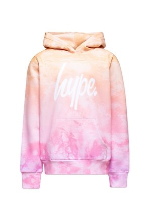Hættetrøje i gradient fersken- og lyserøde nuancer, med et stort hvidt "hype." logo og en frontlomme. Blød stof tekstur.