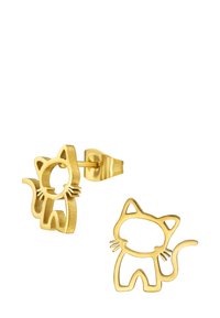 Orecchini a perno a forma di gatto in oro con un design a taglio e una finitura liscia. Le caratteristiche notevoli includono baffi e un accento a coda arricciata.
