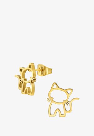 Gouden kattenvormige stud oorbellen met een uitsnede ontwerp en een gladde afwerking. Opvallende kenmerken zijn snorharen en een gekrulde staartaccent.