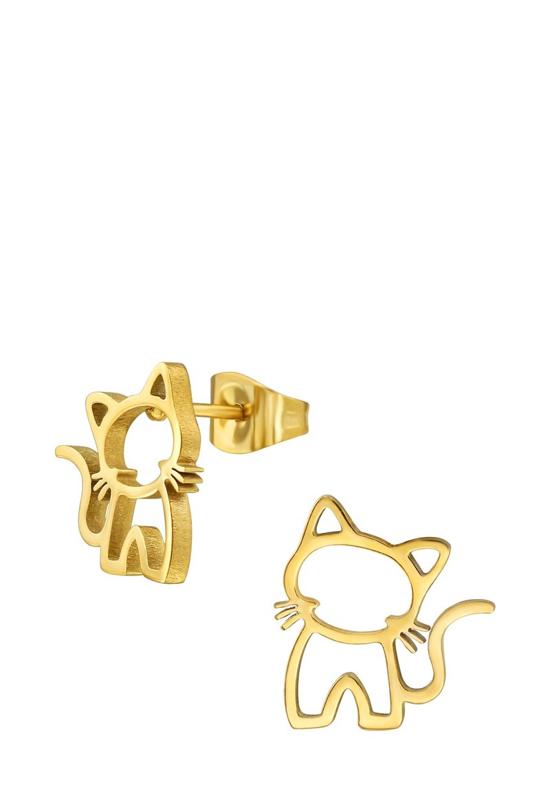 Orecchini a perno a forma di gatto in oro con un design a taglio e una finitura liscia. Le caratteristiche notevoli includono baffi e un accento a coda arricciata.