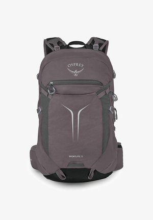 Sac à dos gris Osprey Sportlite 25 avec plusieurs compartiments, bretelles réglables et design réfléchissant sur le panneau avant.