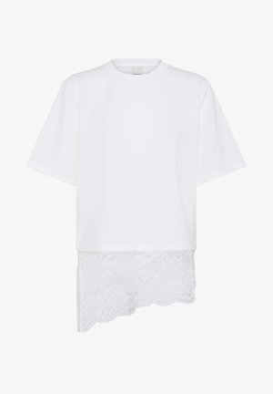 Valkoinen lyhythihainen paita, jossa epäsymmetrinen helma ja toisella puolella kerroksittain kukkaverkkoa.