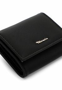 Black nylon wallet with a textured surface and gold "Tamaris" logo. Features a fold-over design and multiple card slots inside.