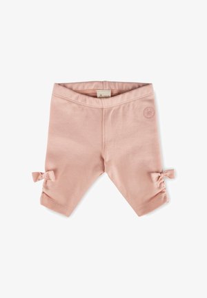 Weiche, rosa Baby-Leggings mit kleinen Schleifen an den Außenseiten der Beine und einem aufgenähten, runden Logo nahe der Taille.