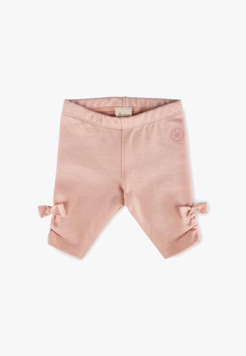 Leggings rosa morbido per neonati con piccoli fiocchi sui lati esterni delle gambe e un logo circolare cucito vicino alla vita.