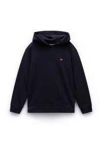 Felpa blu navy con cappuccio regolabile, polsini e orlo a costine, caratterizzata da un piccolo logo rosso e bianco sul petto. Tessuto in cotone morbido.