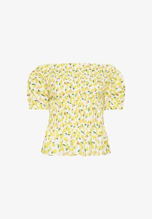 Blusa blanca con hombros descubiertos, mangas abullonadas y estampado de limones amarillos, con cintura fruncida y dobladillo ligeramente acampanado.