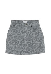Jupe mini en denim gris avec un motif zèbre, deux poches avant, une fermeture à bouton sur le devant et une silhouette droite.