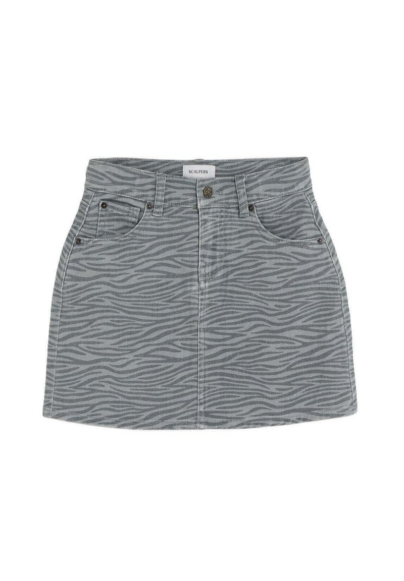 Jupe mini en denim gris avec un motif zèbre, deux poches avant, une fermeture à bouton sur le devant et une silhouette droite.