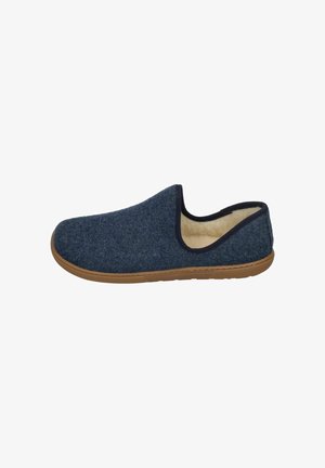 Blue felt slipper with a low profile, soft lining, and textured brown rubber sole. Features a contrasting black trim around the opening.