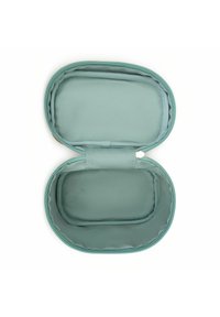 Estuche de almacenamiento con cremallera en verde menta claro. Interior de tela suave con forma acolchada y contorneada. El espacio interior cuenta con una banda elástica.