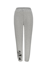 Grijze joggingbroek met een relaxte pasvorm en elastische tailleband, met een zwarte graphic van een stripfiguur op het linkerpoot.