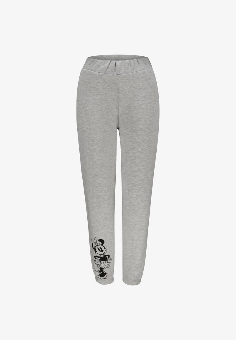 Grijze joggingbroek met een relaxte pasvorm en elastische tailleband, met een zwarte graphic van een stripfiguur op het linkerpoot.