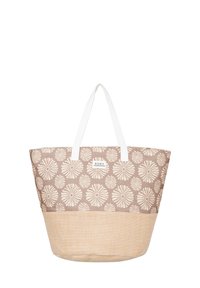 Canvas axelväska med blommig mönster i beige och vitt, vita handtag och en strukturerad botten i beige. Har en logotyp-patch på sidan.