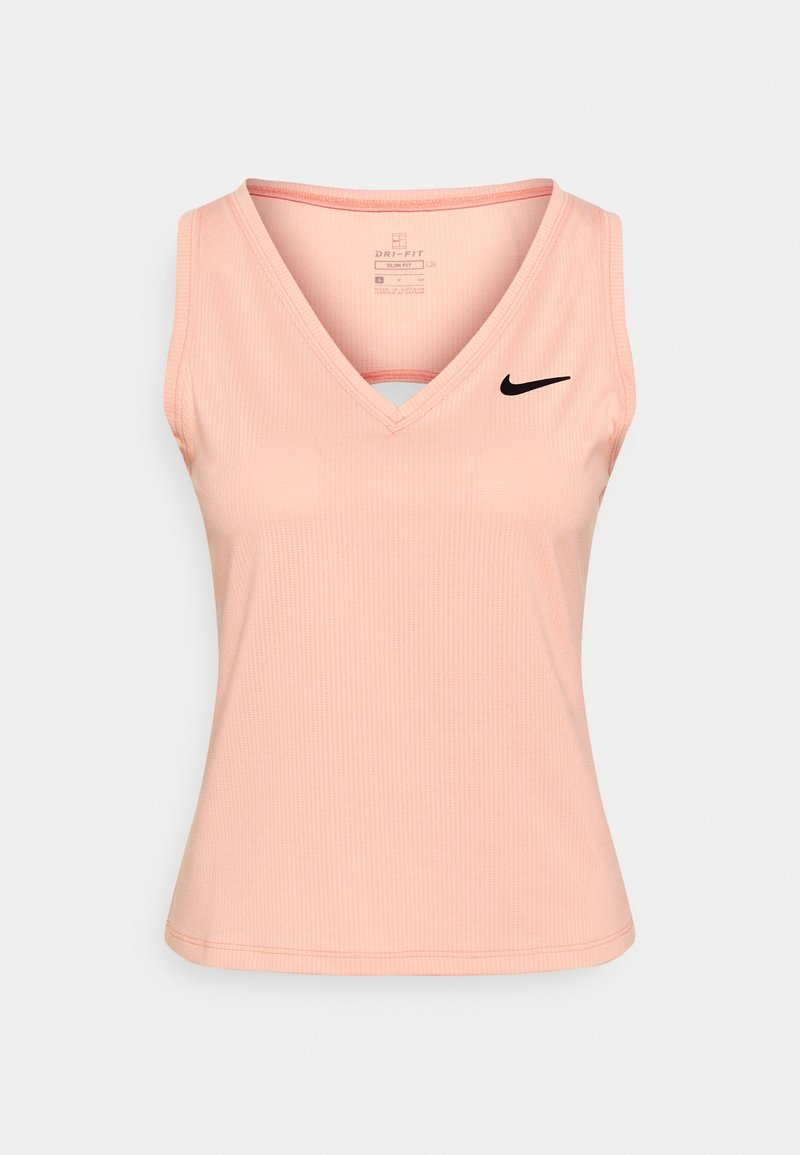 Rosa ärmelloses Sportoberteil mit V-Ausschnitt, aus geripptem Dri-FIT-Material; hat ein kleines schwarzes Nike-Logo auf der linken Brust.
