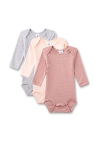 Drie langmouw bodysuits: een grijze, een effen perzikkleurige en een met rode strepen. Zachte katoen stof; inclusief drukknoopsluitingen onderaan.