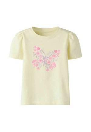 Light yellow short-sleeve shirt with a round neck and puffed sleeves, featuring a central pink and purple butterfly made of flowers.