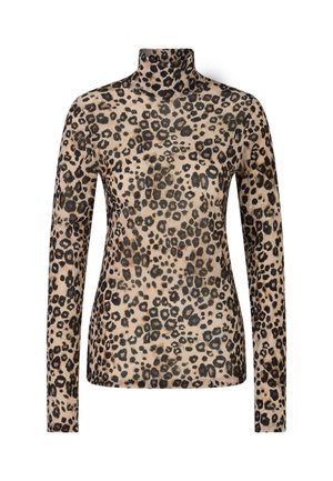 Leopard print turtleneck with long sleeves; made of soft fabric; features bold black and brown spots on a light beige background.