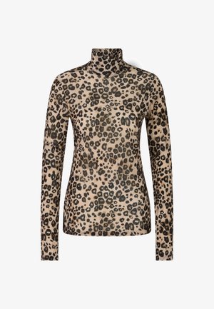 Leopard print turtleneck with long sleeves; made of soft fabric; features bold black and brown spots on a light beige background.
