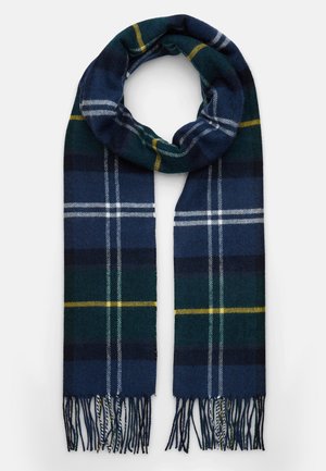 Blauer, grüner und gelber kariertem Wollschal mit weißen Akzenten, zu einer Schlaufe gelegt, mit Fransenenden auf weißem Hintergrund.
