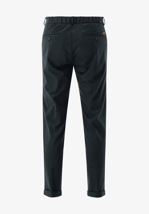 Dark gray trousers with a textured pattern, elastic waistband, and rolled cuffs. Features two back pockets with buttons.
