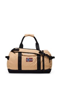 Beige duffel bag with black straps and accents. Features a zippered pocket, carrying handles, and a Norwegian flag patch. Textured fabric.