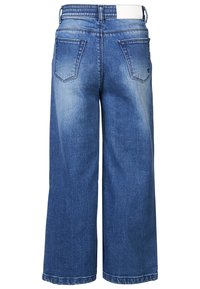 Wide-leg denim jeans in light blue; features five pockets, a smooth waistband, and visible fading. Soft cotton texture with a structured fit.