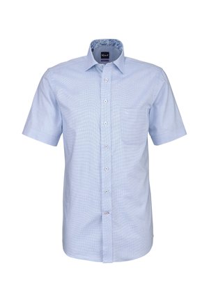 Camicia azzurro chiaro a maniche corte con bottoni, taschino sul petto, fodera floreale interna al colletto e piccolo logo sulla tasca.