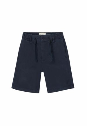 Pantalones cortos azul oscuro hasta la rodilla con cintura elástica, cierre de botón, cordón y bolsillos laterales.