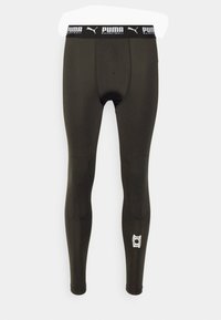Leggings atletici neri con un cinturino con logo PUMA, caratterizzati da una texture liscia, un design aderente e una grafica bianca sulla gamba inferiore.