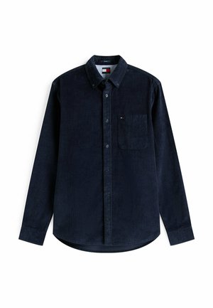 Donkerblauw corduroy overhemd met lange mouwen, knoopjes en een borstzak, met een klein geborduurd logo op de zak, plat gelegd.