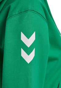 Grön sweatshirt av mjukt tyg med vita chevrongrafik på vänstra ärmen. Designen inkluderar huva och ribbad detaljering.