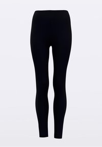 Colanți negri, cu o țesătură netedă și elastică, design ajustat și o culoare simplă, uniformă, fără modele sau elemente vizibile.