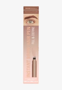 Un crayon pour sourcils de couleur brun chaud dans un emballage rectangulaire, principalement rose et beige, avec une illustration de sourcils bien dessinés et une pointe en brosse.