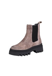 Suede chelsea boots in light taupe with black elastic side panels and a chunky black rubber sole featuring a lug pattern for traction.