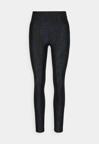Czarne legginsy z teksturowanym niebieskim wzorem, wysokim stanem, dopasowanym krojem i gładką fakturą materiału.
