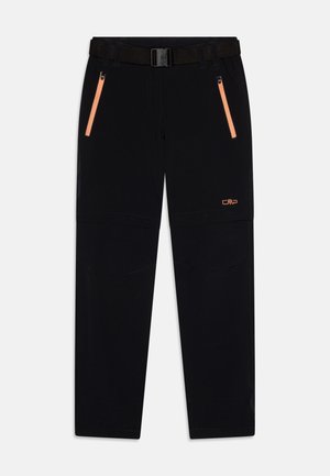 Pantalons d'extérieur noirs avec une finition texturée, dotés de poches à fermeture éclair orange, d'une ceinture ajustable et du logo CMP sur la jambe.