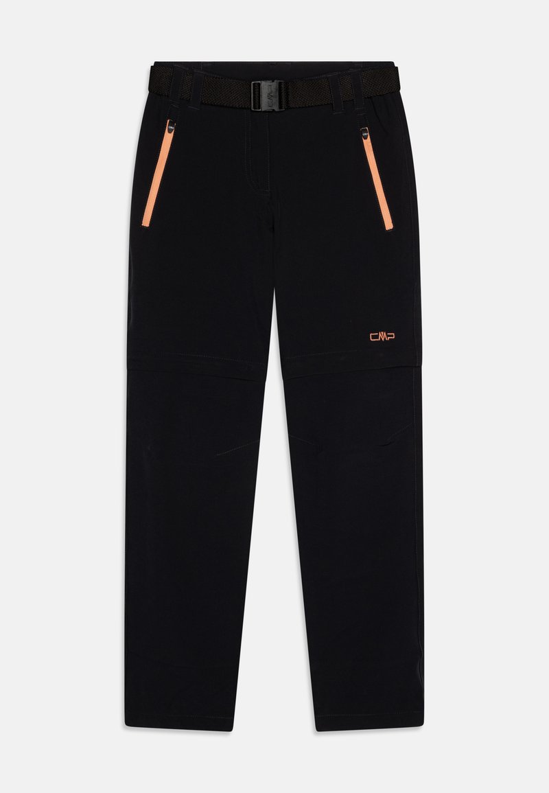 Μαύρο παντελόνι εξωτερικού χώρου με υφή, που διαθέτει πορτοκαλί τσέπες με φερμουάρ, ρυθμιζόμενο ζωνάκι και λογότυπο CMP στο κάτω μέρος του ποδιού.