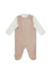 Hellrosa Cord-Ripp-Einteiler für Babys mit langen weißen Ärmeln, runder Kragen und Druckknopfverschluss am Boden für einfaches Ankleiden.