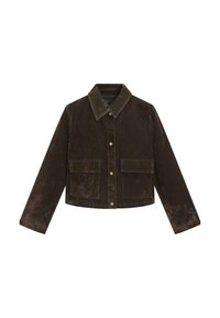 Brun fløjlsk jacket med krave, to forlommer og knaplukning. Teksturen er blød med et let slidt udseende.